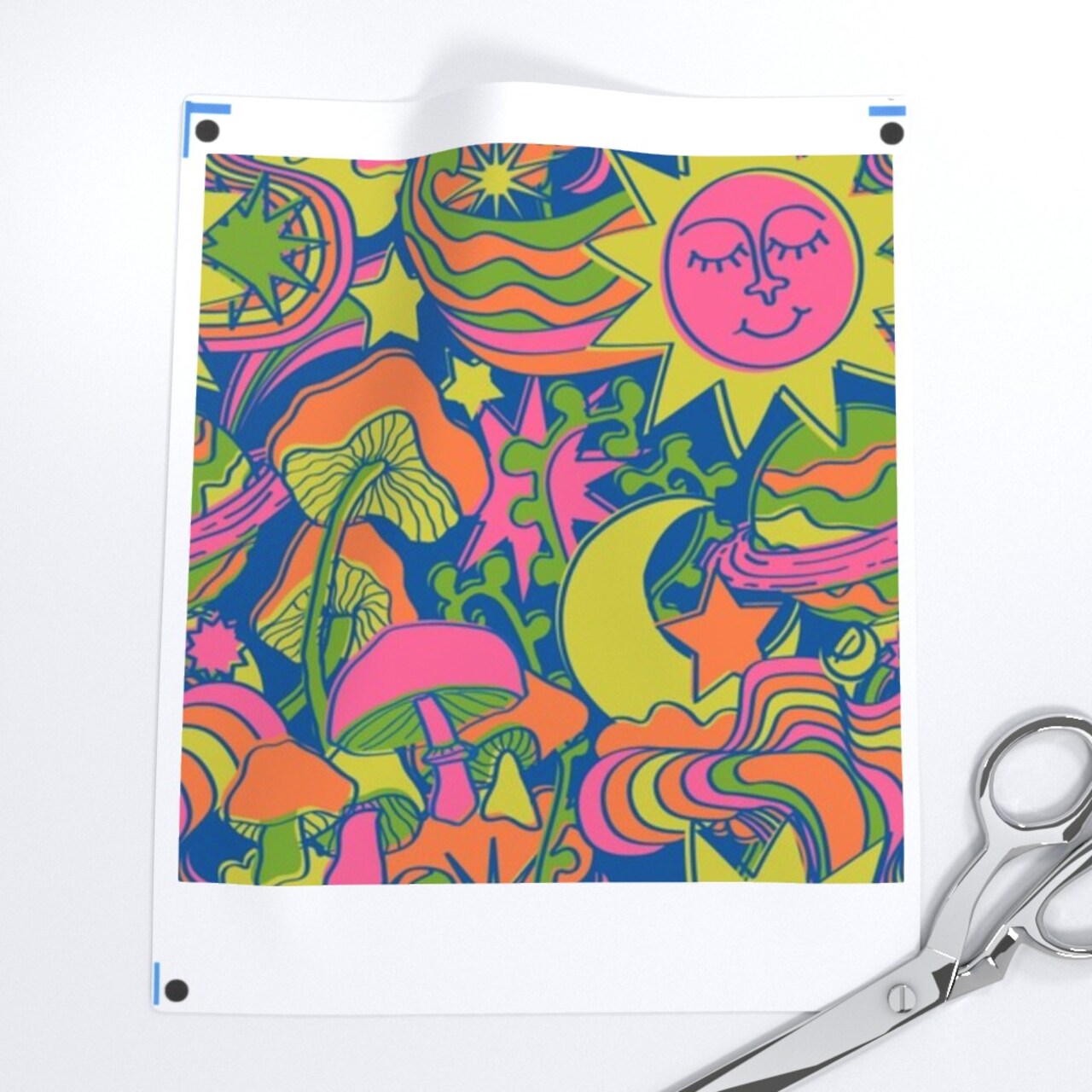 Neon Suns Blue Groovy 70S 1970S Retro Whimsical Moon Stars Boho Colorful Hippie Custom Printed Fabric by Spoonflower Various Fabrics by the Yard or Fat Quarter